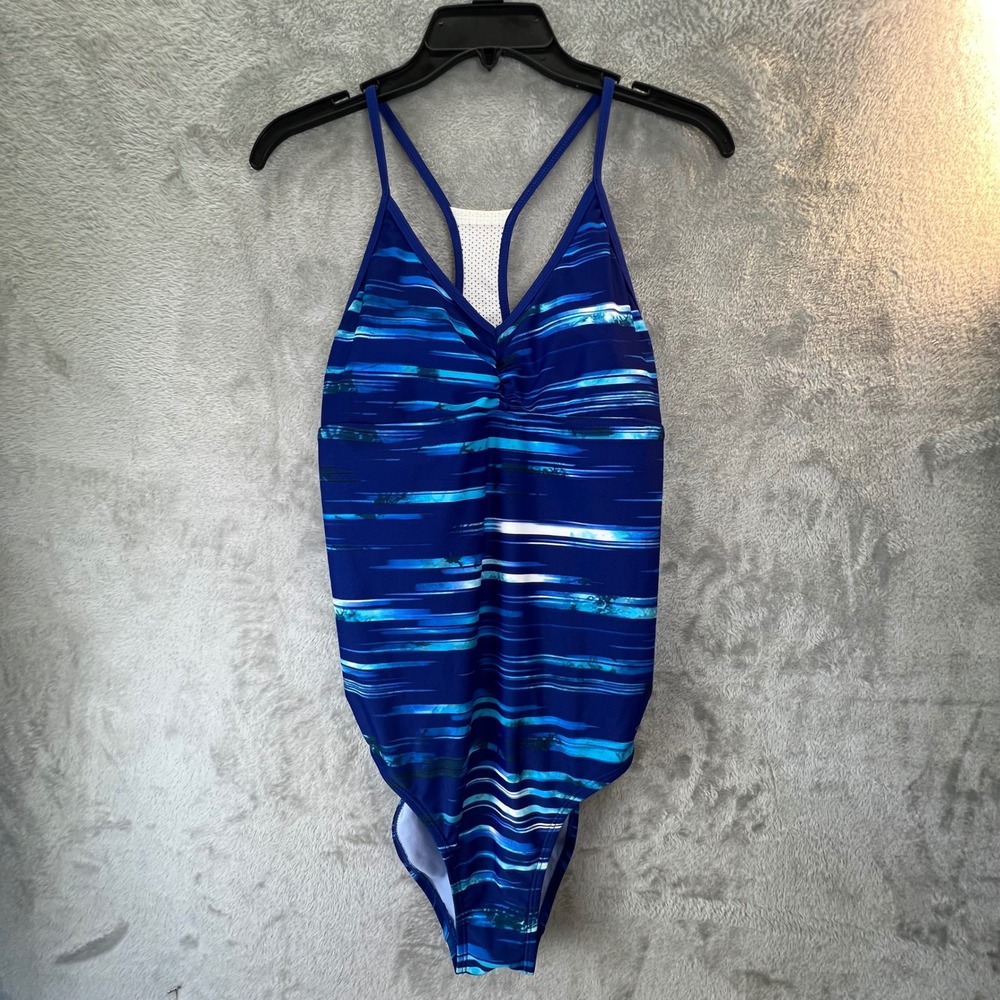 C9 Champion Womens Blue Striped Racerback One Piece Swimsuit Ruched V-Neck XL